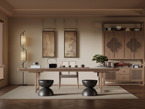 新中式茶室 茶桌椅 博古架su模型