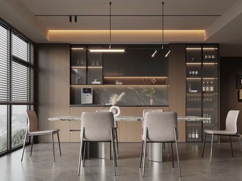  现代意式餐厅 酒柜 餐边柜 餐桌椅3d模型 