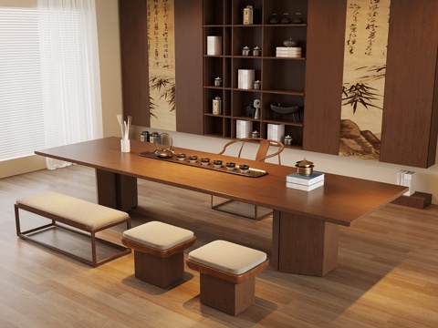 新中式茶室 茶桌椅 茶柜su模型