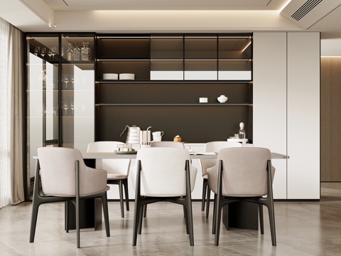 现代餐厅 餐桌椅 餐边柜su模型