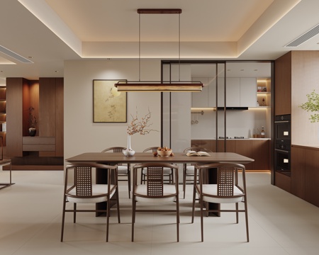  宋式餐厅 新中式餐厅 餐桌椅组合 长方形餐桌 六人餐桌椅 封3d模型3d模型 