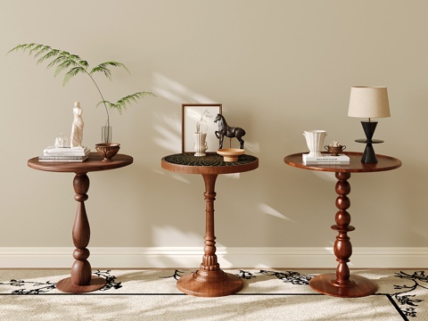 法式实木边几 复古圆几 角几 小茶几 沙发边几su模型