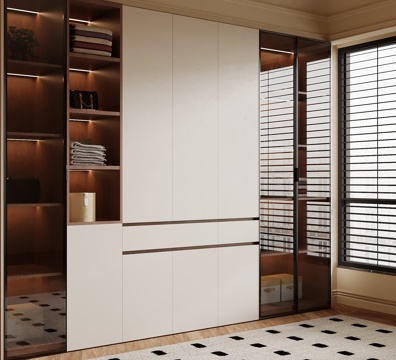 现代中古风衣柜 一体柜su模型