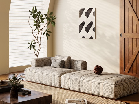 现代中古风多人沙发 布艺休闲沙发su模型