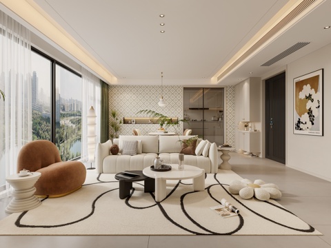  现代奶油风客餐厅 沙发组合 餐桌椅组合 挂画 落地灯 电视墙3d模型 