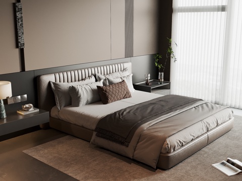 现代意式卧室 双人床su模型