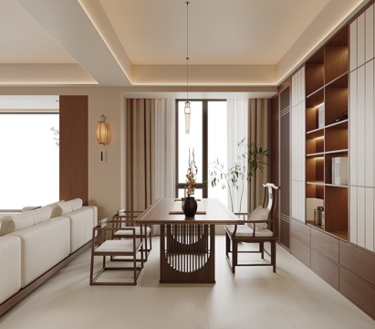 新中式茶室 宋式茶室 茶桌椅组合 实木茶桌椅 茶室柜 装饰柜su模型