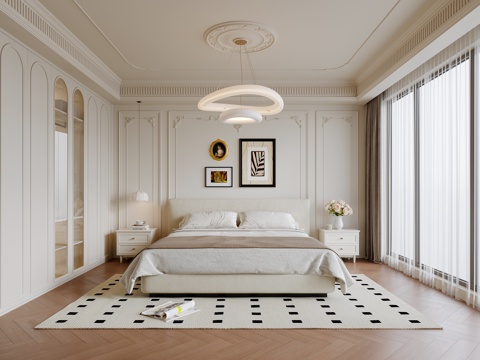 法式奶油风卧室 布艺双人床 床头柜 吊灯 挂画 地毯su模型