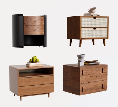 中古实木床头柜 意式床头柜 圆形 藤编su模型