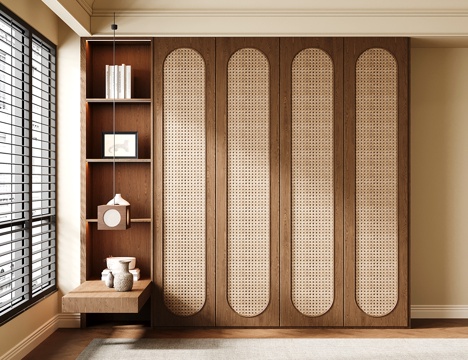  中古风衣柜 藤编门衣柜 衣柜床头柜一体3d模型 