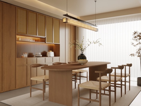 新中式餐厅 酒柜 餐边柜 餐桌椅su模型