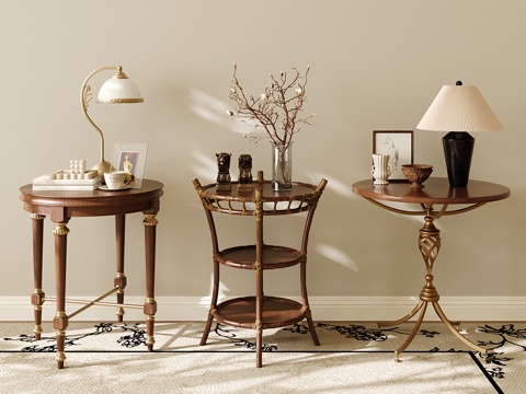 复古实木边几 小圆几 金属角几 法式小茶几 沙发边几su模型