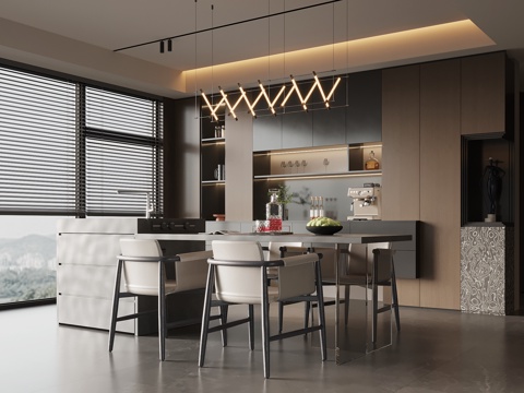 现代意式餐厅 酒柜 餐边柜 餐桌椅su模型