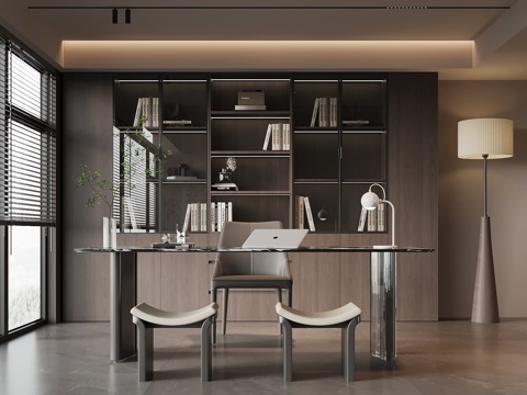 意式书房 开放式书房 书桌椅 书柜su模型