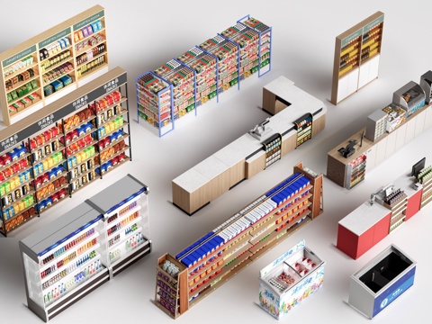 现代超市货架 零食店货架 置物架 文创展架su模型