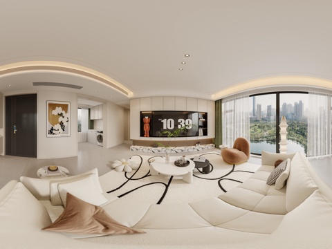  现代奶油风客餐厅 沙发组合 餐桌椅组合 挂画 落地灯 电视墙 