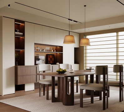 中古风餐厅 酒柜 餐桌椅su模型