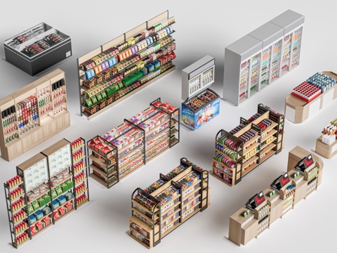 现代超市货架 零食店货架 置物架 文创展架su模型