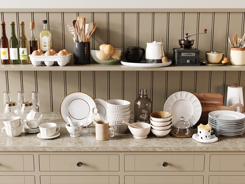  现代厨房用品 餐具 水杯 盘子 食物3d模型 