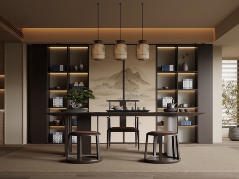  新中式茶室 茶桌椅 茶柜3d模型 