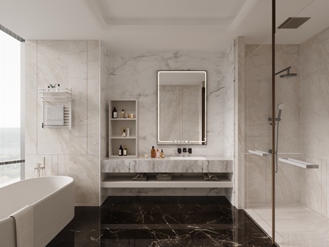  现代轻奢风卫生间 浴室柜 浴缸3d模型 