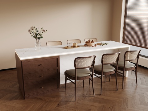 中古风岛台 餐桌椅su模型