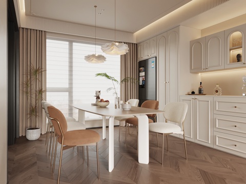  法式奶油风餐厅 酒柜 餐边柜 餐桌椅3d模型 