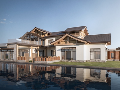 新中式民宿建筑 坡屋顶建筑 乡村民房 酒店民宿su模型