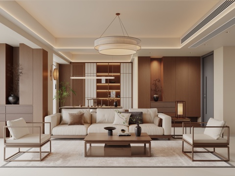  宋式美学客厅 新中式客厅 沙发茶几组合 电视背景墙 宋式茶室3d模型 