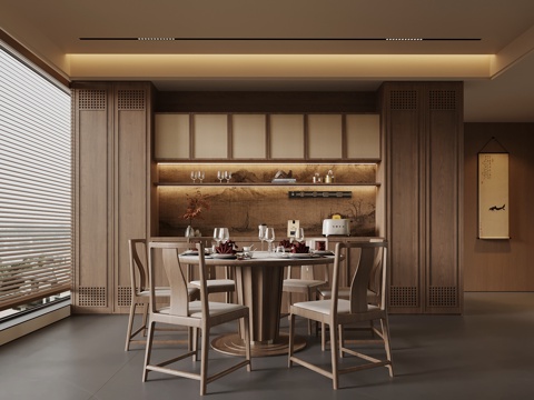  新中式餐厅 餐桌椅 餐边柜 圆桌3d模型 