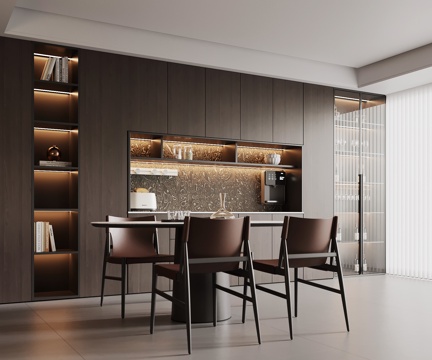 现代意式餐厅 餐桌椅 餐边柜su模型