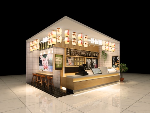  现代快餐店 饭店 饭团 灯笼 商场 门帘 餐桌椅 吧台3d模型 