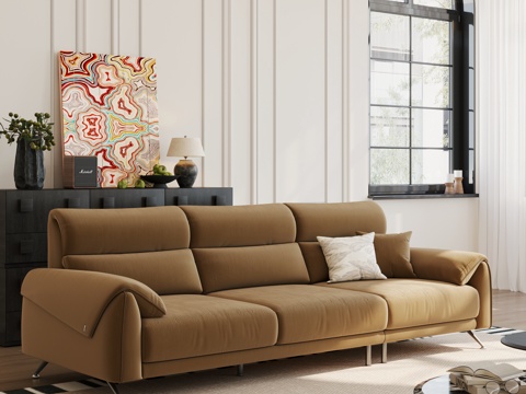  现代中古多人沙发 布艺沙发 休闲沙发 直排沙发3d模型 