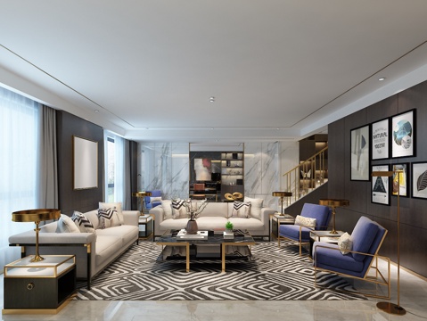  北欧客厅 沙发 茶几 装饰画 单椅3d模型 