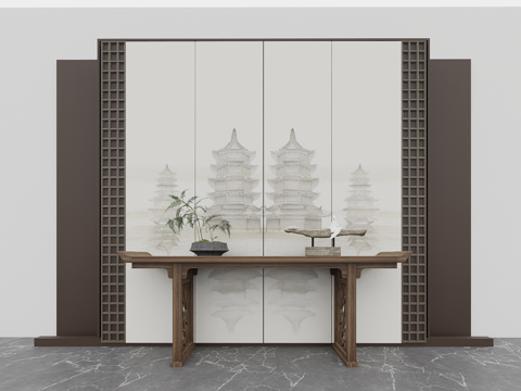 新中式端景条案su模型