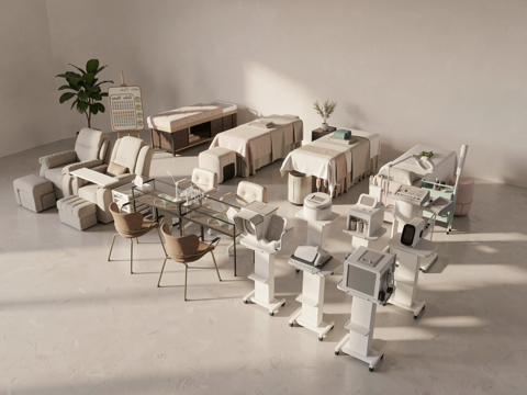 现代美容院 美容床 理发椅 美容仪器 美甲桌椅su模型