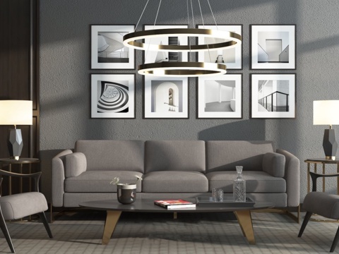  现代沙发组合 吊灯 照片墙3D模型3d模型 
