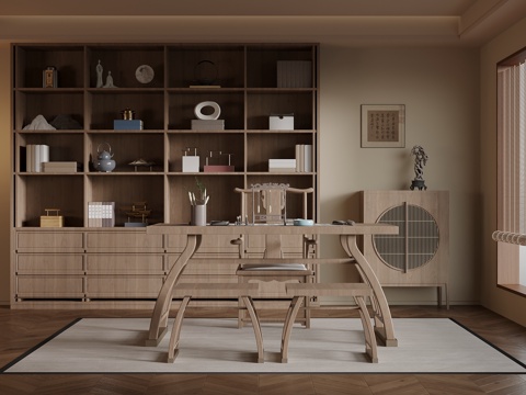 新中式书房 书柜 书桌椅su模型