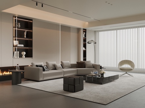 现代客厅 电视背景墙 沙发茶几组合su模型