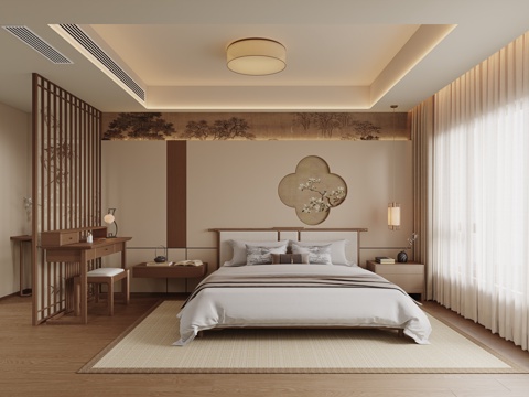 宋式卧室 新中式卧室 主卧室 实木双人床 床头背景墙 床头柜su模型