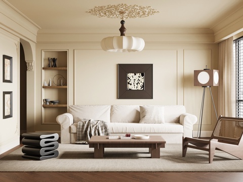  中古风客厅 沙发茶几组合 背景墙3d模型 