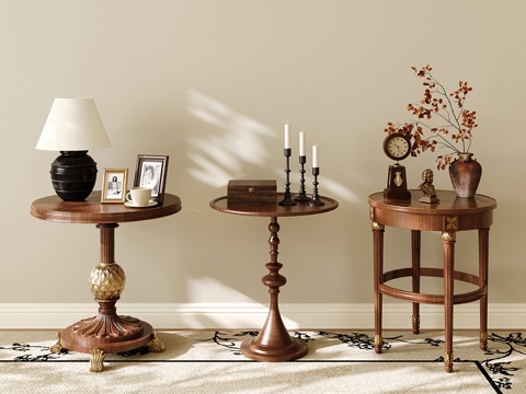 法式实木边几 复古小茶几 圆形边几su模型