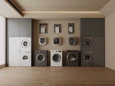 现代意式洗衣房 洗衣机柜 洗衣机su模型