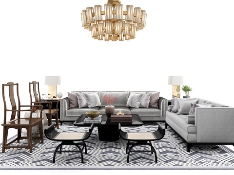  新中式沙发茶几组合 双人沙发 三人沙发 茶几 脚凳 椅子3d模型 
