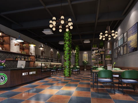  工业风咖啡厅 餐桌椅 吊灯 吧台3d模型 