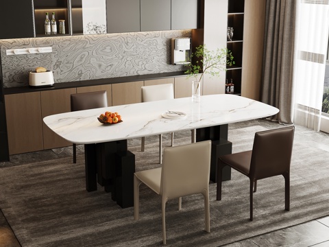 现代意式餐厅 餐桌椅 餐边柜su模型