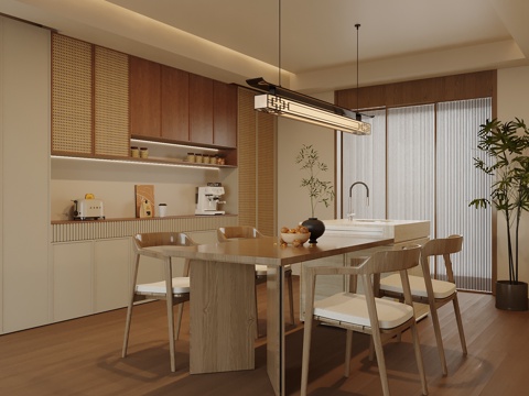  新中式餐厅 岛台 餐柜3d模型 