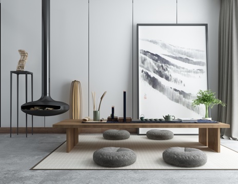  禅意中式茶室茶桌椅组合工业壁炉中式挂画3d模型 