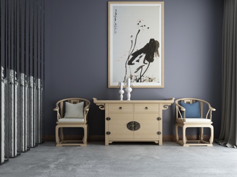  新中式端景柜门厅组合3d模型 