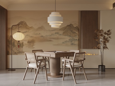 新中式棋牌室 麻将桌su模型